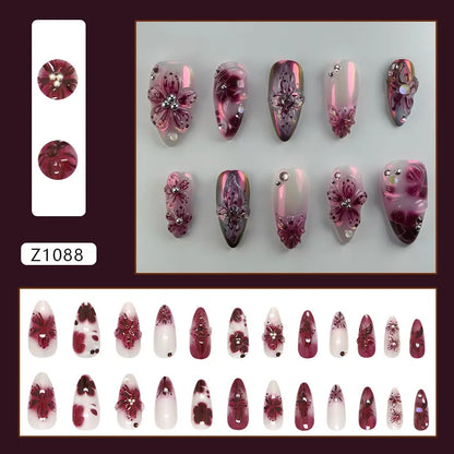 24pcs Flower Print Press on Nails Wine Red Blush Almond False Nail Tips Wearable Reusable Summer Spicy Girl Fake Nails