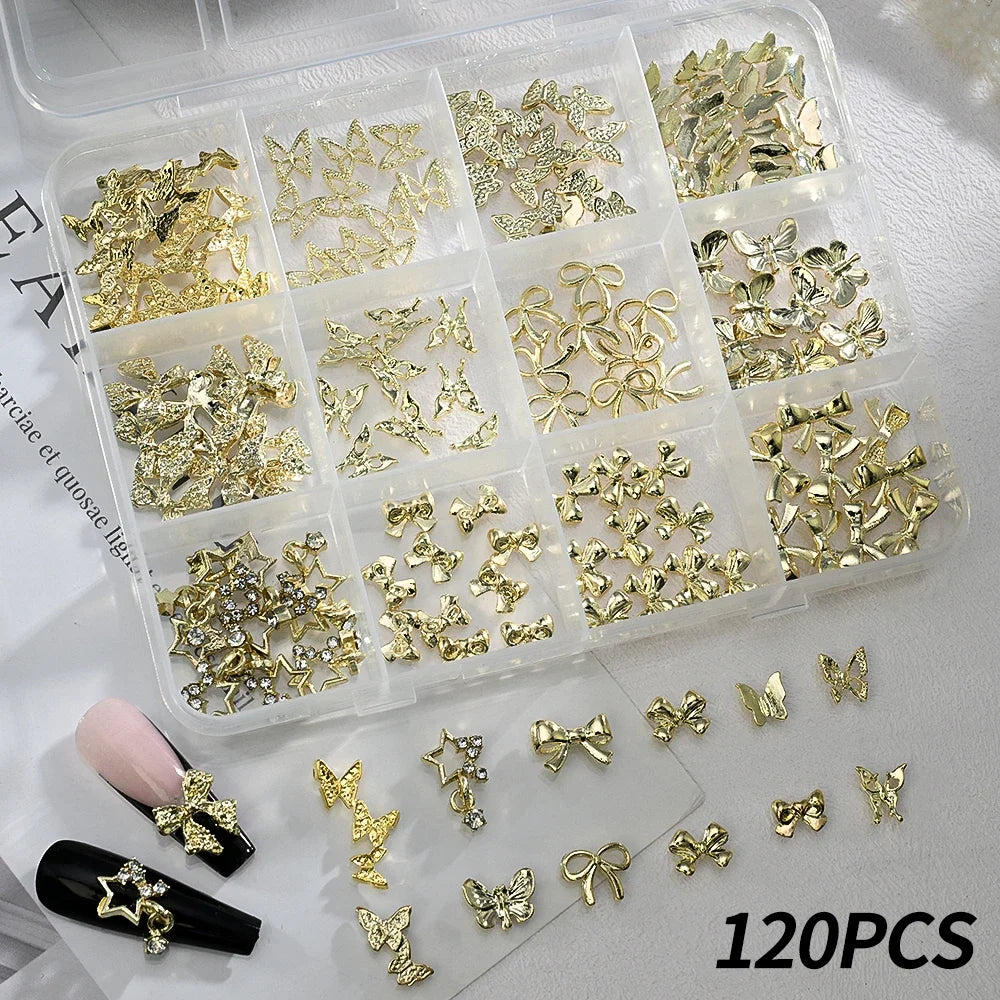 120pcs/box 3D Gold Bow Butterfly Nail Metal Charms Shiny Cute Bowtie/Diamond Star Nail Jewelry 120 Luxury Nail Art Supplies #RE4