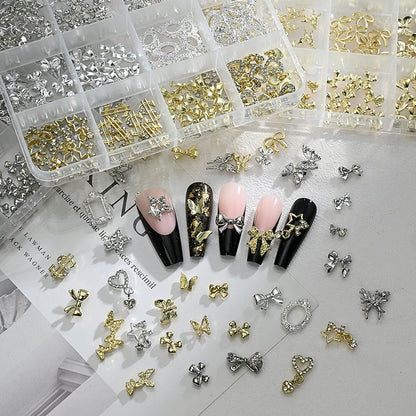 120pcs/box 3D Gold Bow Butterfly Nail Metal Charms Shiny Cute Bowtie/Diamond Star Nail Jewelry 120 Luxury Nail Art Supplies #RE4