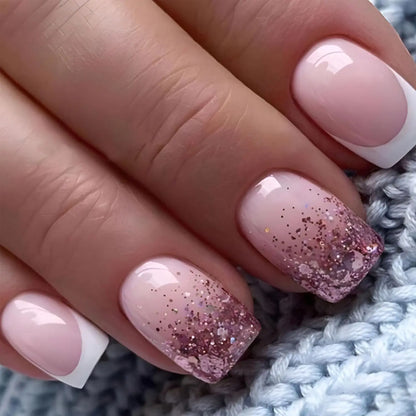 24pcs/set short square fake nails for women cute bride heart white french tips faux ongles y2k press on false nail supplies
