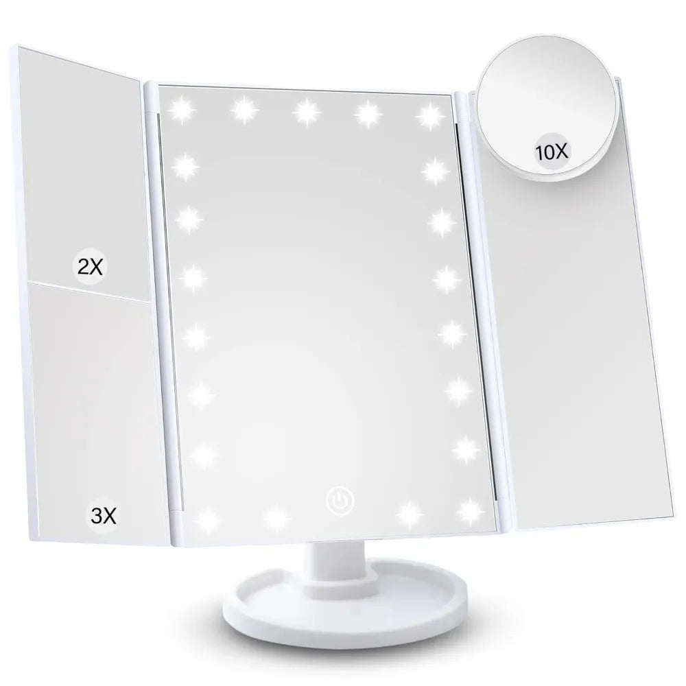 Vanity Makeup Mirror with Light 2X/3X/10X Magnification Lighted Cosmetic Mirror Touch Control Trifold Dual Power Supply Portable