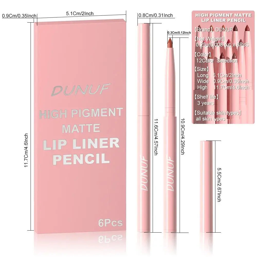 6pcs Matte Lip Liner Set Nude Brown Rose Red Waterproof Long Lasting Rotatable Lip Pencil Smooth Pigmented Kit