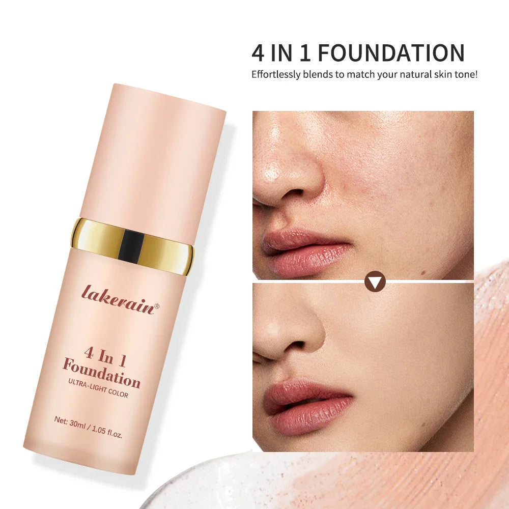 Color Changing Foundation 4 in 1 Moisturizing SPF 30+ Hydrating Color Longwearing Waterproof Travel Coverage Makeup Base