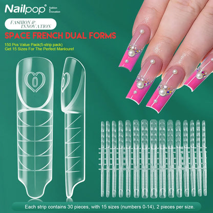 Nailpop Space French Dual Forms 15 Sizes 60/150PCS Transparen Reusable Nail Extension Gel French Tip Manicure Tool DIY Art Salon