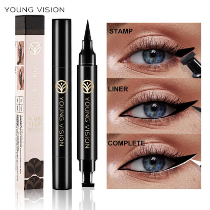 Dual-Ended Stamp Eyeliner Pen, 2-in-1 Waterproof and Smudge-Proof Black Eyeliner with Triangular Tip, Long-Lasting Precision