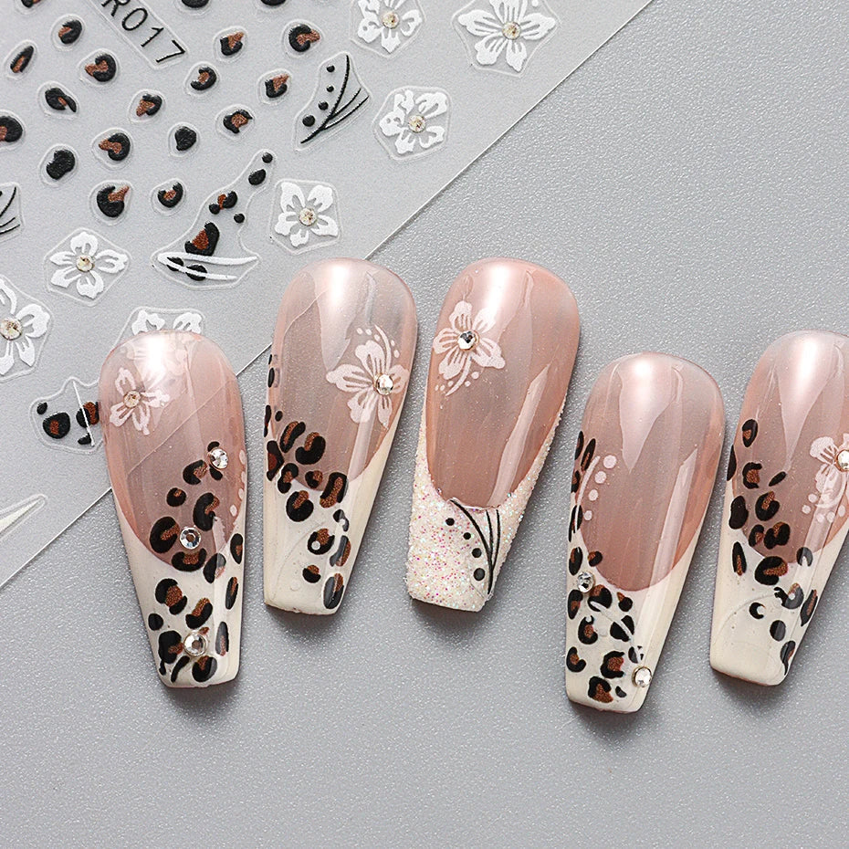 Cheetah French Nails Stickers Flowers Leopard Self-Adhesive Decals Holographic Slider Manicure Art Supplies And Decorations
