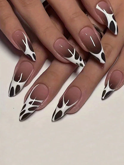 ARTAUG 24PCS Medium Stiletto Pink Black French Tip Press On Nails Star Pattern Glitter Press On Nails