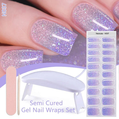Harunouta 4pcs/set Gradient Jelly Semi Cured Gel Nail Strips with Nail Lamp Nude Pink Waterproof Nail Stickers Long Lasting Wrap