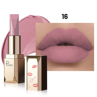 Matte velvet matte lipstick - smooth and light. High pigment, long-term wear, non-drying formula. Long-lasting stain resistance,