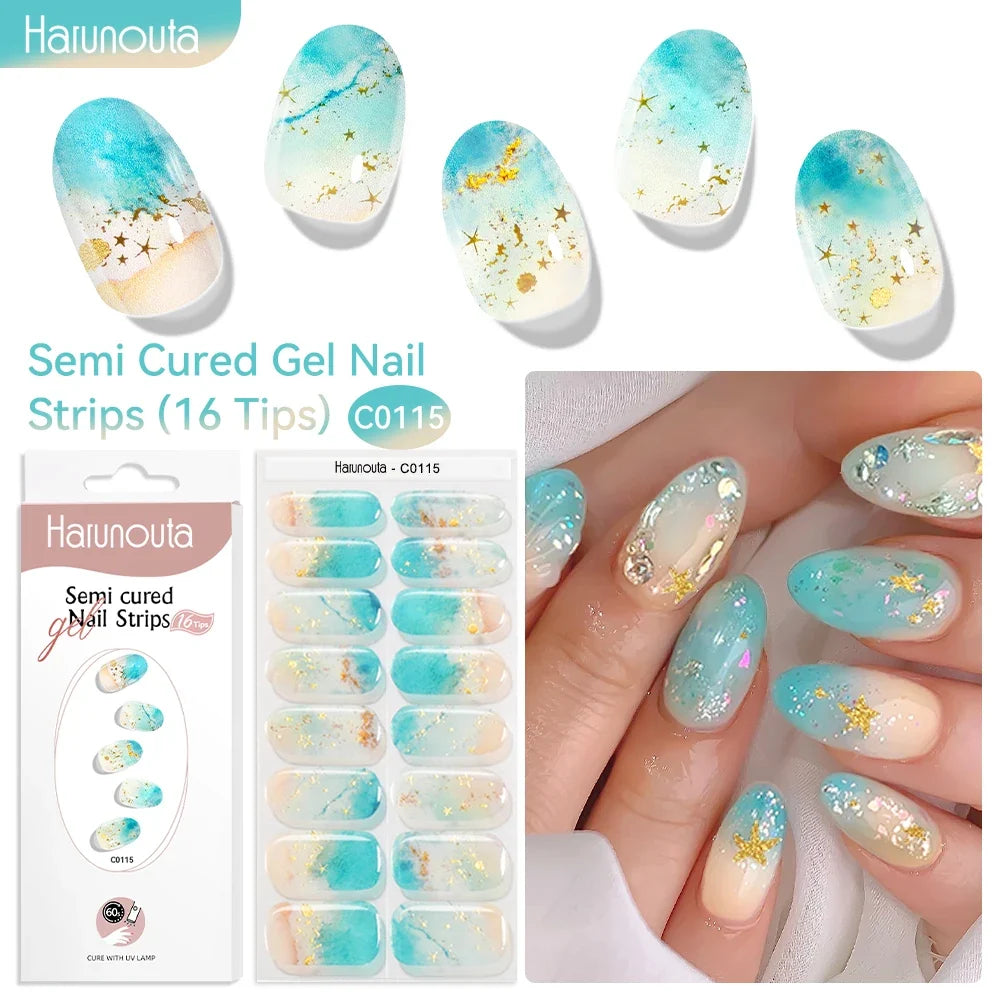 Harunouta 16strips Gradient Red Marble Gold Line Semi Cured Gel Nail Strips DIY Gel Polish Stickers for Nails Work with UV/LED