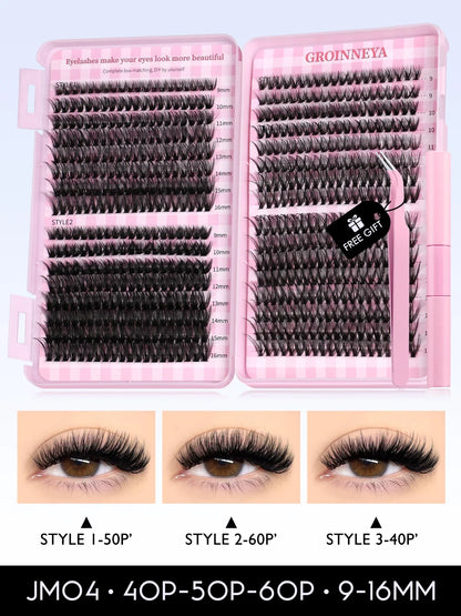 GROINNEYA Lash Clusters Kit Cat Lashes 640 Pcs with Lash Bond & Seal Cluster Eyelash Extensions Eyelash Clusters Kit DIY at Home