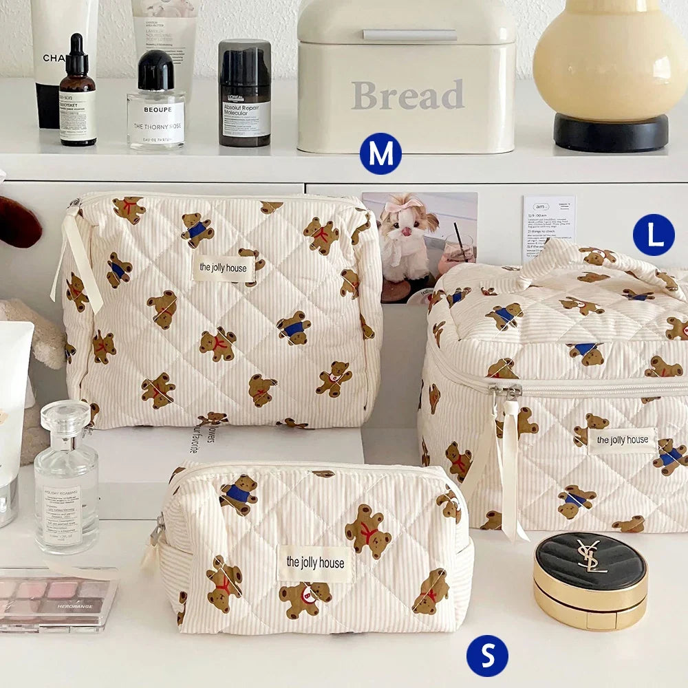 1pcs Cute Quilted Cotton Makeup Bag Women Zipper Cosmetic Organizer Cloth Handbag Box Shape Portable Toiletry Case for Girls