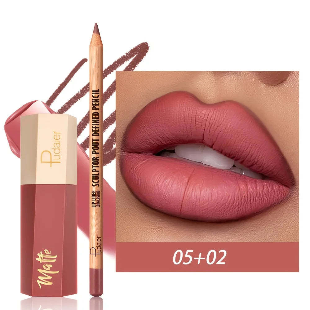 1set Matte lip gloss and lip liner pen set, long-lasting, waterproof, not easy to smudge, velvet texture