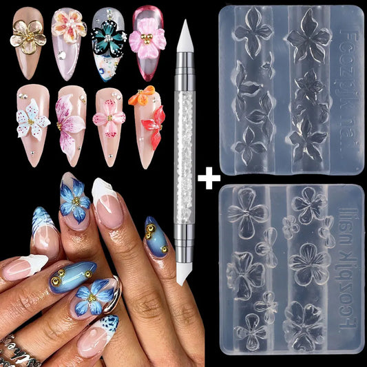 2/3pcs Relief Lily Flowers Nail Carving Mold 3D Silicone Hibiscus Flowers Petals Modeling Templates Clear Resin Epoxy Nail Tools