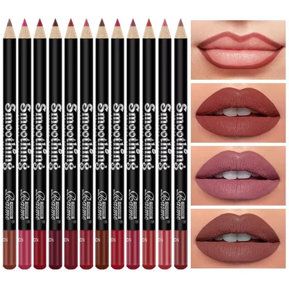 12 Colors Lip Liner Pen Set Professional Lip Liner Pencil Fashion Black Rod  Non-stick Cup Easy To Color Lipstick Pen Makeup
