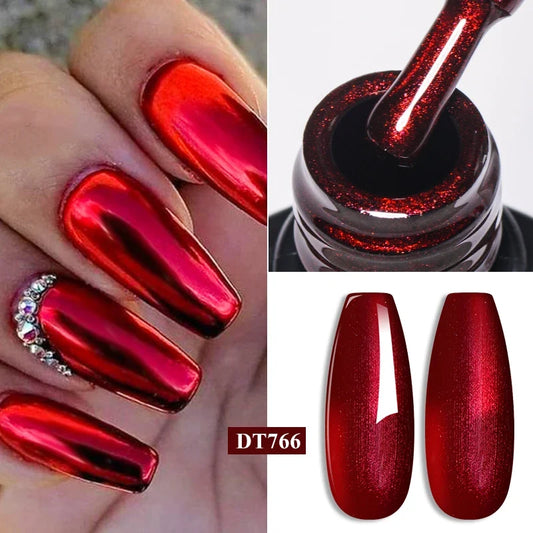 MEET ACROSS 7ml Red Metallic Gel Nail Polish Gold Silver Mirror Nail Art Varnish Glitter Sparkly Semi Permanent Soak Off UV Gel