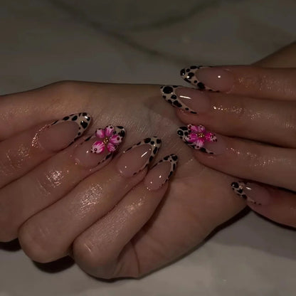Black Leopard Print Light Yellow French Red Flowers Fake Nails Fashion Detachable Finished False Nails Press on Nails with Glue