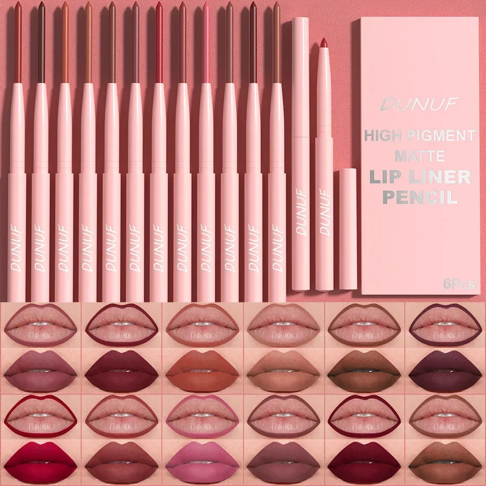 6pcs Matte Lip Liner Set Nude Brown Smooth Rose Red Pigmented Long Lasting Rotatable Lipstick Pencil Kit for Smooth Finish