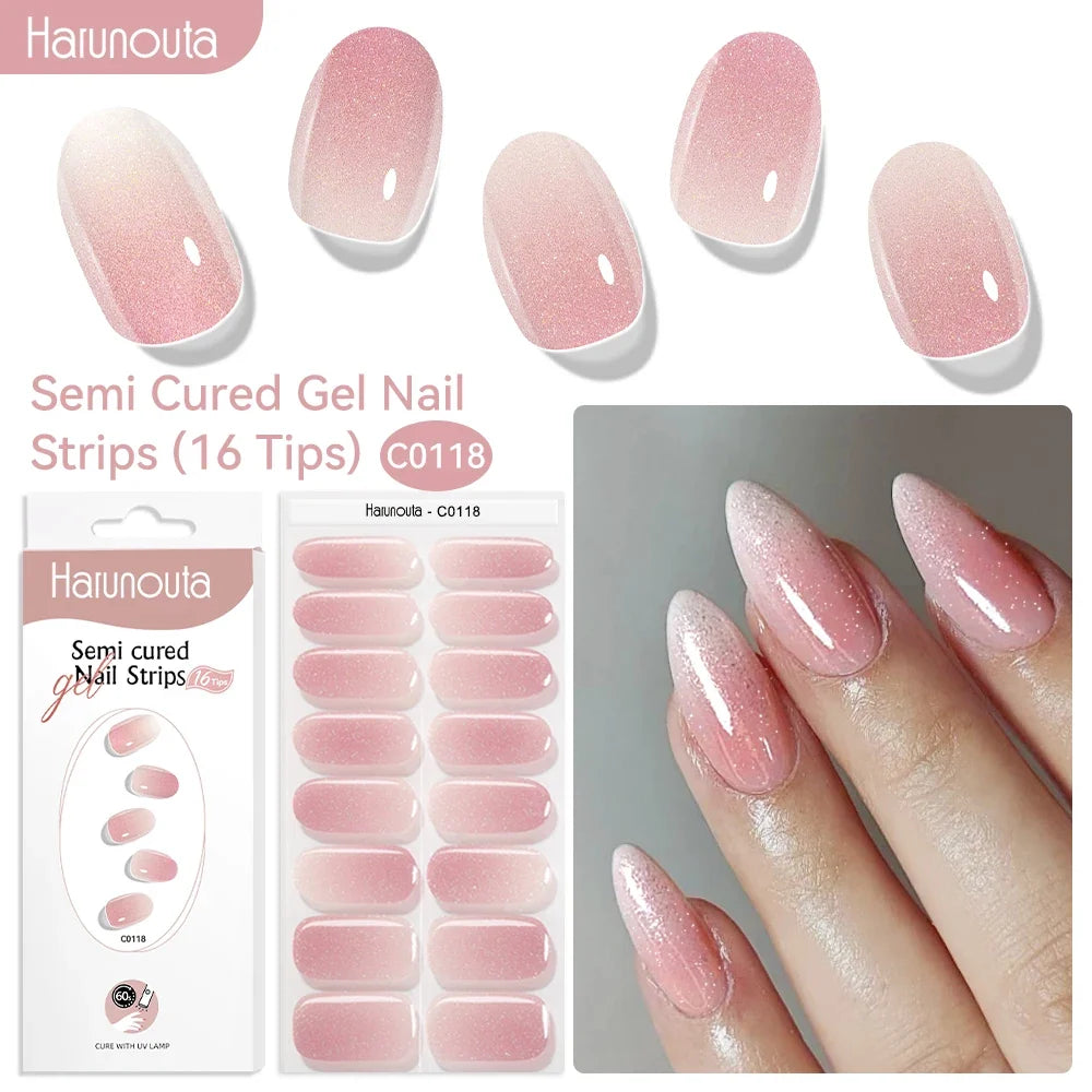 Harunouta 16strips Gradient Red Marble Gold Line Semi Cured Gel Nail Strips DIY Gel Polish Stickers for Nails Work with UV/LED