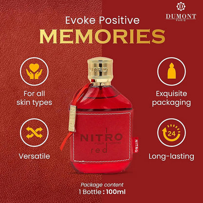 Dumont NITRO RED - 3.4oz - Eau De Parfum - Luxury Perfume for Men - Fruit, Woody, Floral & Masculine Fragrance - Long Lasting Co