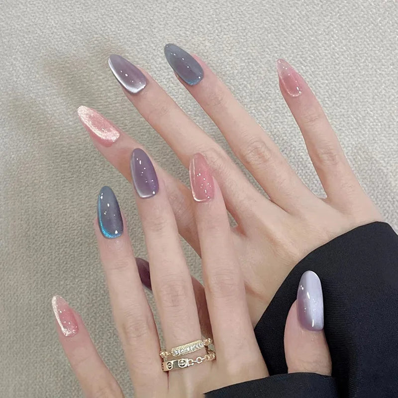 24Pcs Metallic Cat Eye French Sheer Manicure Tip Art Textured 3D Acrylic False Nails Nude Pink Almond Medium Press on Fake Nails