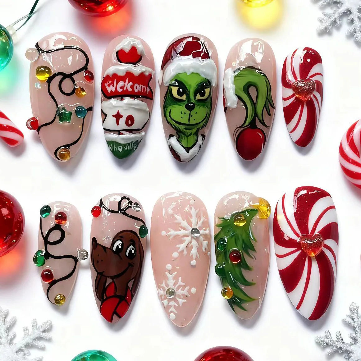 24PCS Wine Red Almond Press on Nails Cartoon Rabbit Bowknot with Plaid Pearl Designs French Fake Nails for Girls Detachable Nail