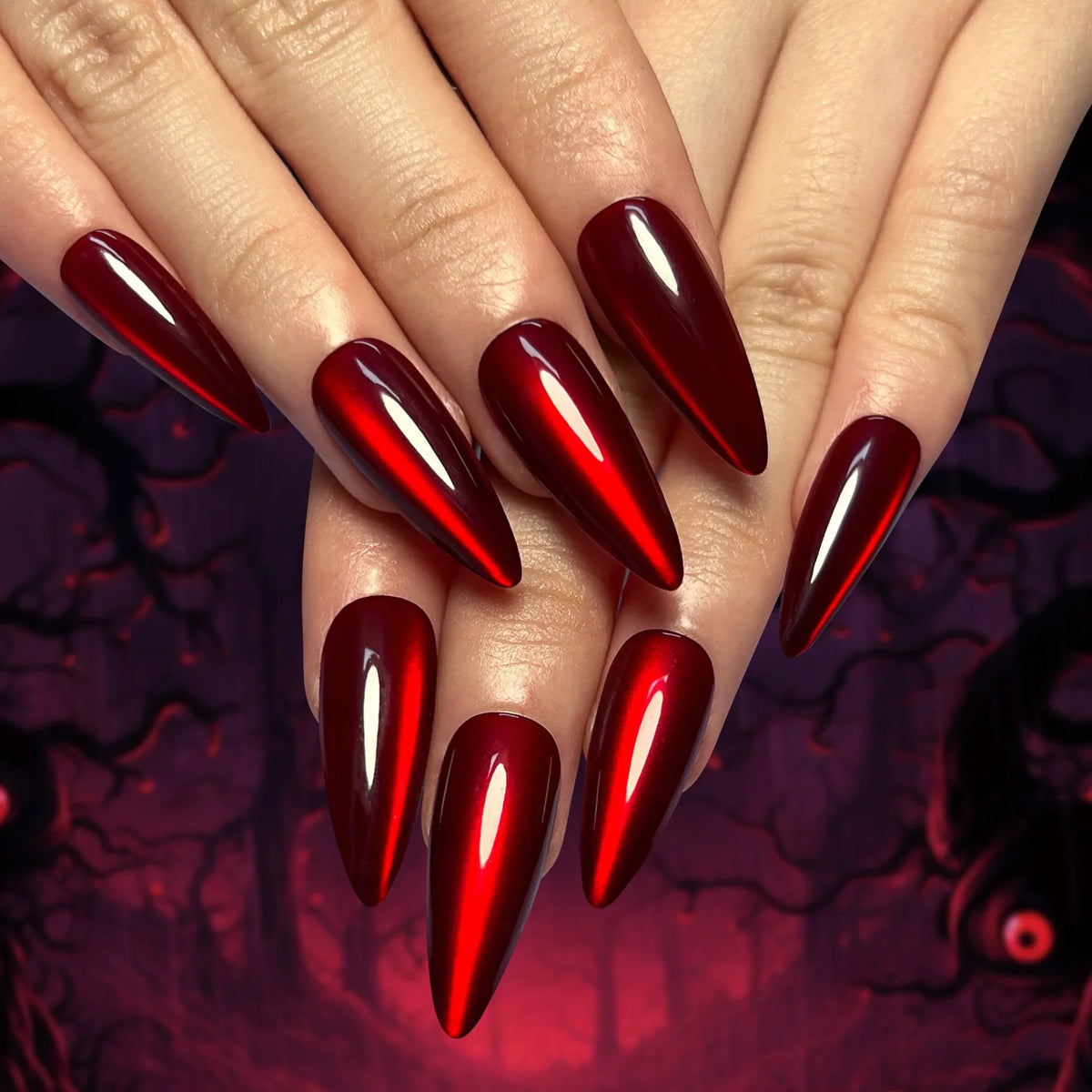 24pcs Glossy Red Cat's Eye Press On Nails Full Cover Nude Color Wearable Almond False Nails Charms Detachable Fake Nail For Girl