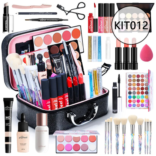 All in One Makeup Kit Gift Set with Eyeshadow Palette Foundation Lip Gloss Blush Brushes Eyeline Mixed Color Paste Long lasting