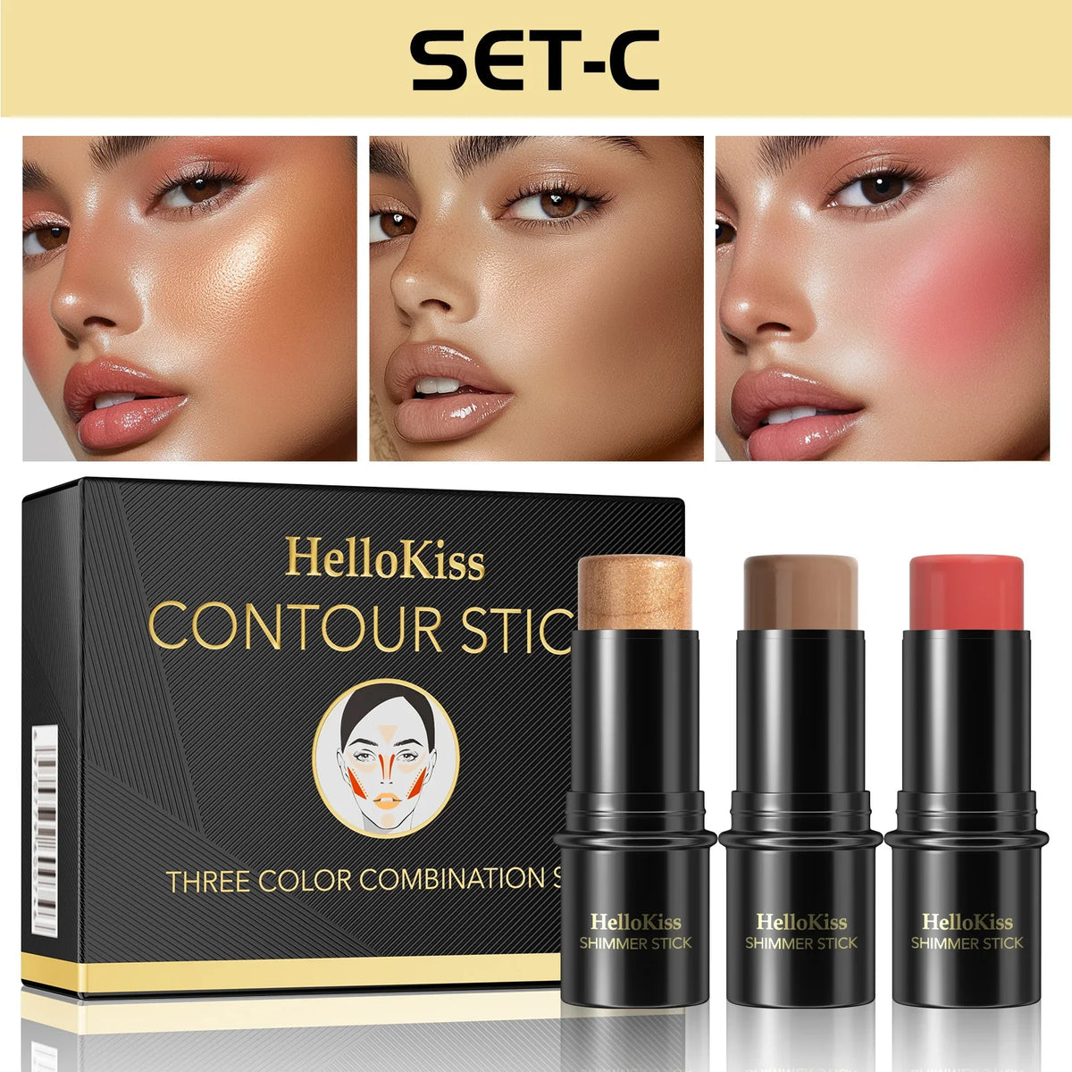 1 Set of 3 Contour Sticks, Highlighter Stick, Blush Stick, 3-Piece Cream Contour Set Including Contour Brush, Creates Facial Contours, Non-Greasy