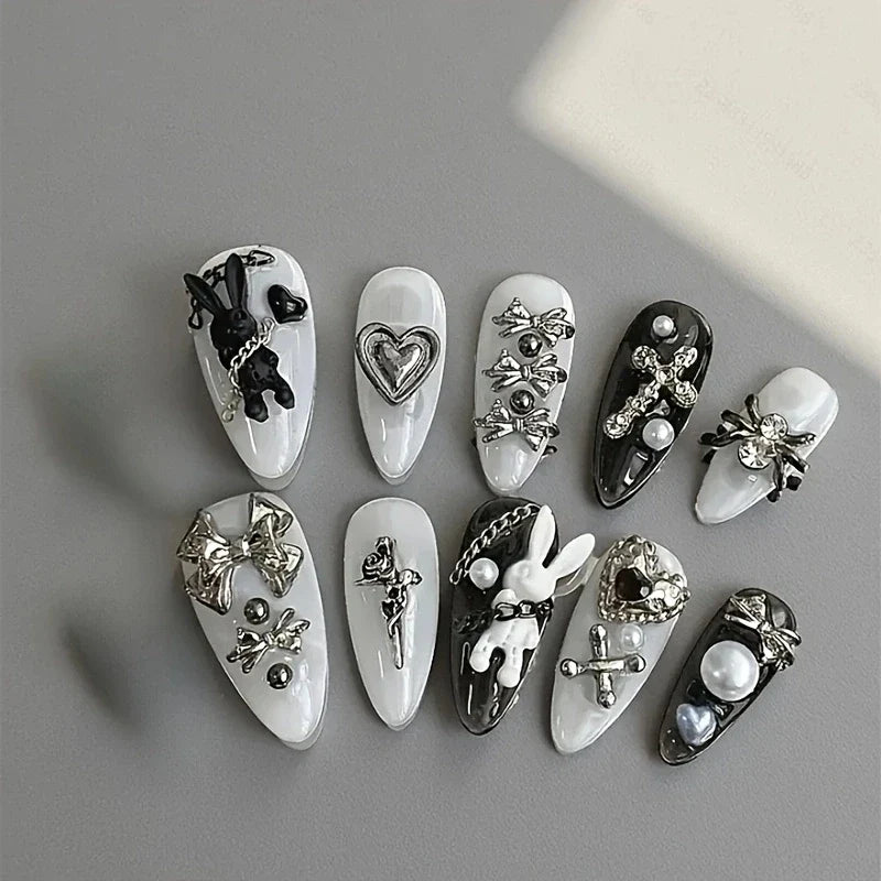 10pcs personalized black and white nail art, rabbit and bow decoration - Gothic minimalist style, suitable for daily wear