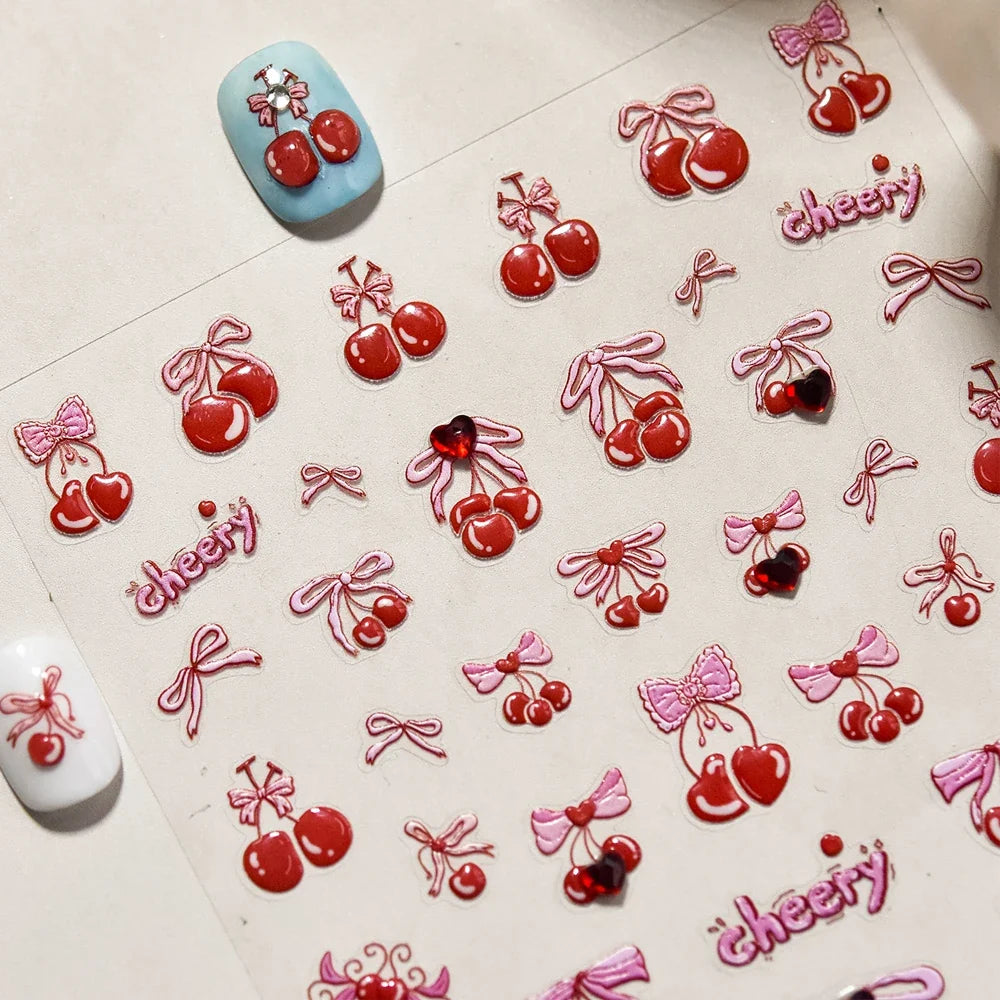 Cute Juicy Red Cherry Bowknot 5D Nail Art Stickers Lovely Shiny Crystal Rhinestone Self Adhesive Decoration Manicure Decal DIY