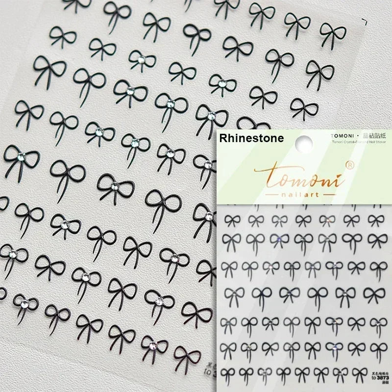 French Leopard Print Bowknot Lace Ribbon Rhinestone Pearl Bow Tie Simple White Black Nail Art Stickers Decoration Manicure Decal