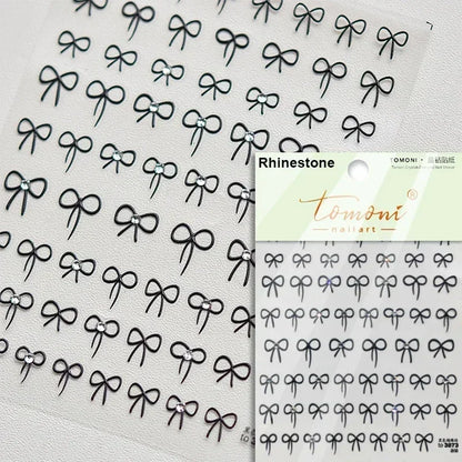 French Leopard Print Bowknot Lace Ribbon Rhinestone Pearl Bow Tie Simple White Black Nail Art Stickers Decoration Manicure Decal