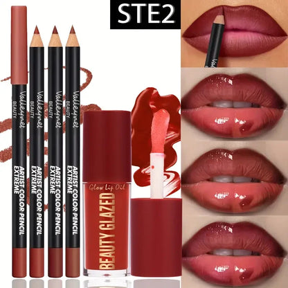 4pcs Dark Brown Lip Kit - Lip Liner + Lip Glaze, Waterproof & Long-Lasting Matte Effect,Versatile for Casual & Formal Occasions,