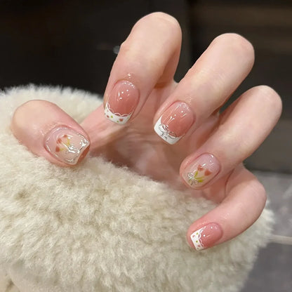 24Pcs Pink Cat Blue Love Cute Short Ballet Press on False Nails Sweet French Cat Eye Bow Star Designs Style Detachable Nails Set