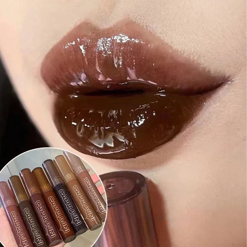 Punk Dark Brown Mirror Water Lip Gloss Red Lip Glaze Transparent Glass Lip Oil Waterproof Liquid Lipstick Clear Tint Makeup