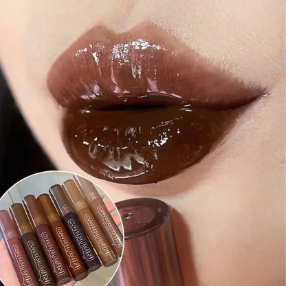 Punk Dark Brown Mirror Water Lip Gloss Red Lip Glaze Transparent Glass Lip Oil Waterproof Liquid Lipstick Clear Tint Makeup