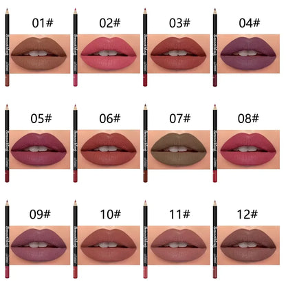 12 Colors Lip Liner Pen Set Professional Lip Liner Pencil Fashion Black Rod  Non-stick Cup Easy To Color Lipstick Pen Makeup