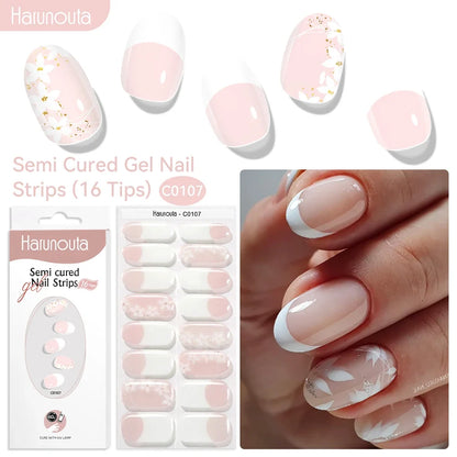 Harunouta 16strips Gradient Red Marble Gold Line Semi Cured Gel Nail Strips DIY Gel Polish Stickers for Nails Work with UV/LED