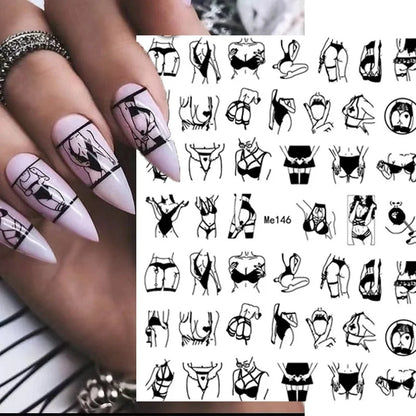 Nail Art Stickers Woman Girl Sexy Sticker Body Press on Nail Slider Black White Decal Decoration Nail Design Accessories Wraps