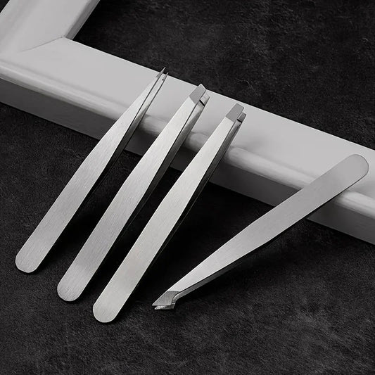 4 Piece Professional Tweezers Set Eyebrow Hair Removal, Beard Plucking, Stainless Steel Angled Tweezers Tools Hair Removal Tool