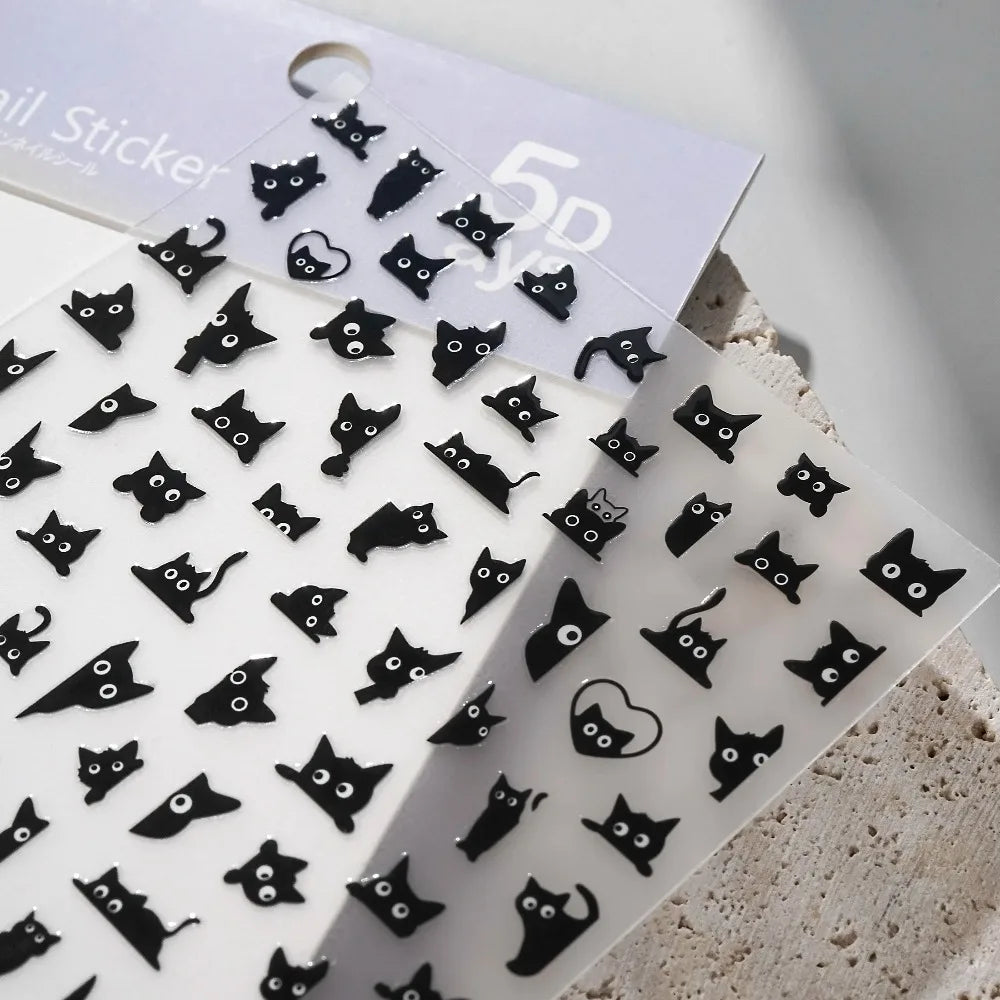 3D Self-Adhesive Nail Art Decals Sliders Decorations Manicure Accessories Black Cat Nail Stickers 3D Cute Cartoon Animal