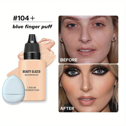 2024 New Foundation +Puff set Liquid Matte Full Coverage Foundation Waterproof Matte Natural Foundation With Blue Thumb Puff