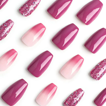 24 PCs Short Pieces of French Gradient Glitter Fingernail with 1 Jelly Gel and 1 Nail File