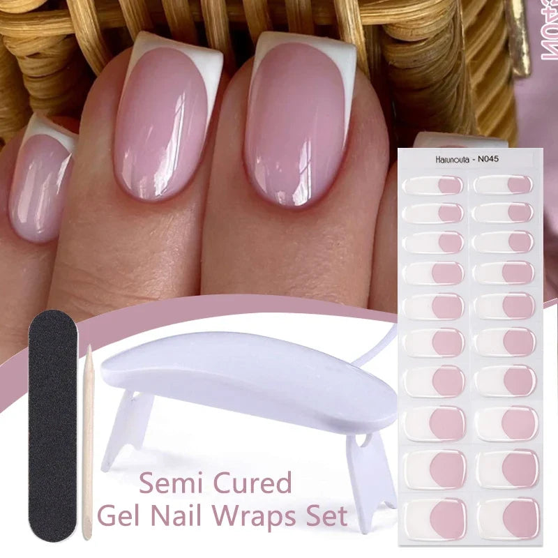 Harunouta 4pcs/set Gradient Jelly Semi Cured Gel Nail Strips with Nail Lamp Nude Pink Waterproof Nail Stickers Long Lasting Wrap