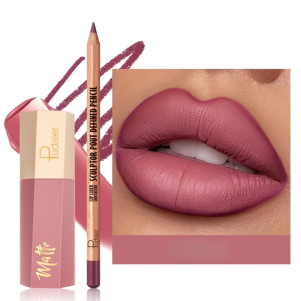 1set Matte lip gloss and lip liner pen set, long-lasting, waterproof, not easy to smudge, velvet texture