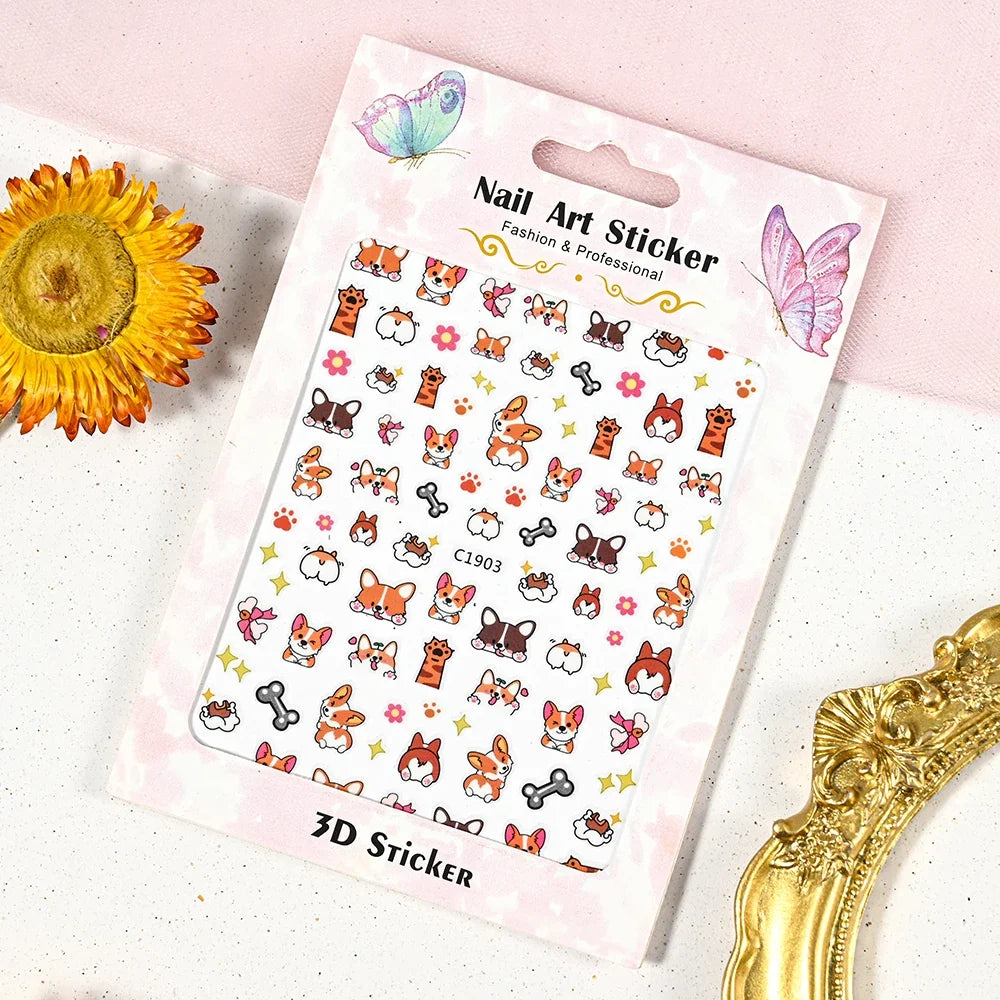 Lovely Cat Nail Decals 3D Animal Cartoon Dog Scrawl Relief Self Adhesive Nail Art Stickers Cute Puppy Kitty Y2K Nails Decoration