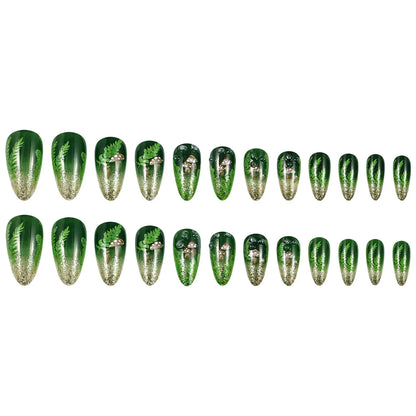 24pcs Glossy Almond False Nails Dark Green Forest Mushroom Pattern Press On Nails Gold Sequins French Style Wearable Fake Nail
