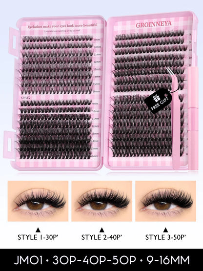 GROINNEYA Lash Clusters Kit Cat Lashes 640 Pcs with Lash Bond & Seal Cluster Eyelash Extensions Eyelash Clusters Kit DIY at Home