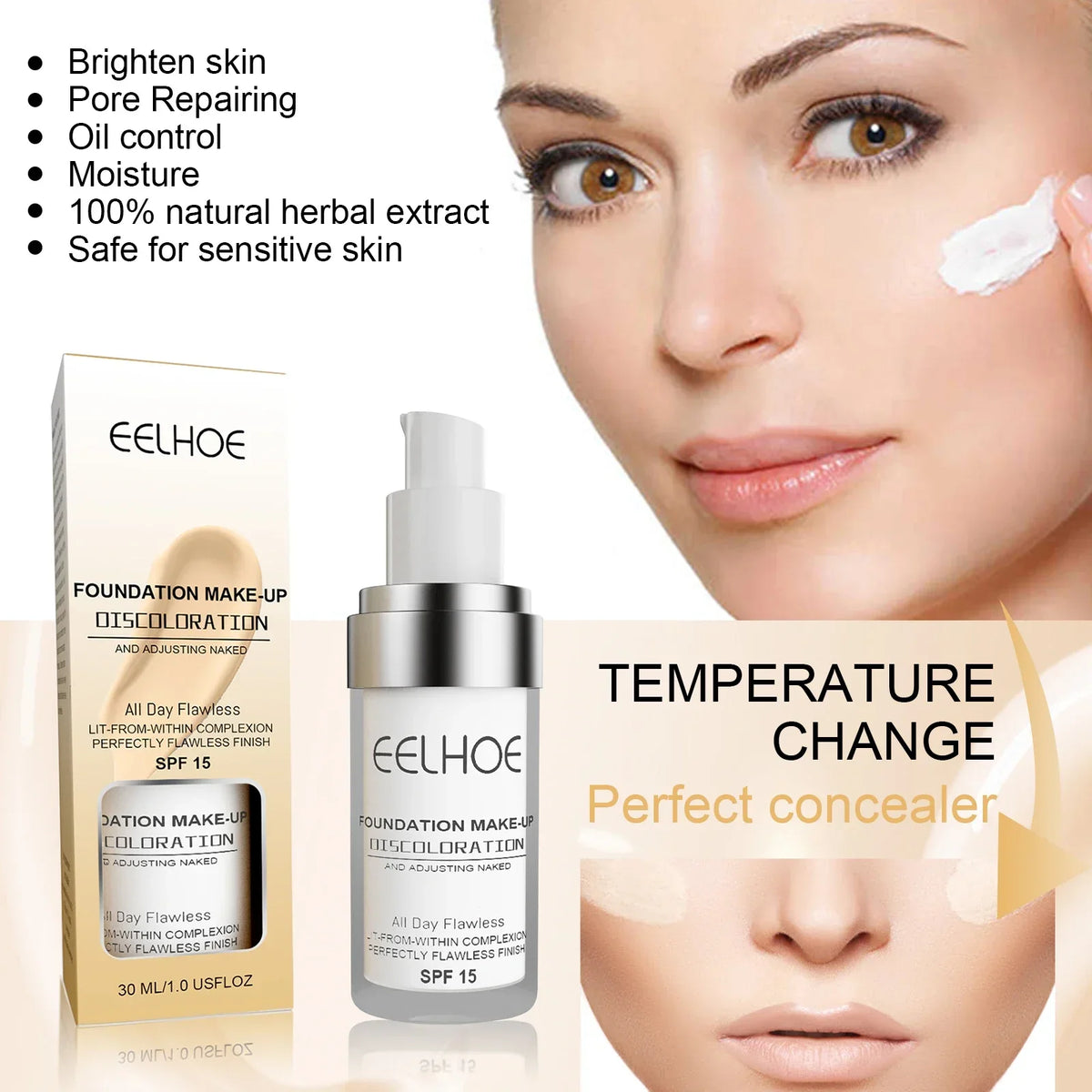 EELHOE Color Changing Liquid Foundation Moisturizing Waterproof No Creasing No Separation Concealer Makeup Products Wholesale
